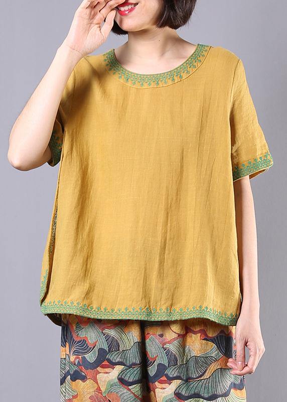 Embroidery Cotton Linen Tunic Yellow Loose Shirts Summer