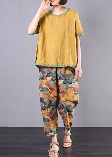 Embroidery Cotton Linen Tunic Yellow Loose Shirts Summer