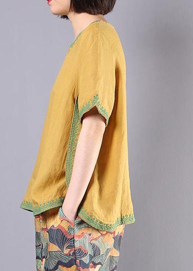 Embroidery Cotton Linen Tunic Yellow Loose Shirts Summer