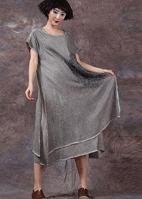 Embroidery Linen Cotton Clothes for Outfits Gray Side Open Dresses Summer
