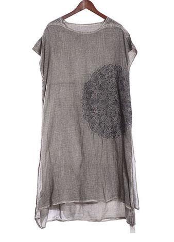 Embroidery Linen Cotton Clothes for Outfits Gray Side Open Dresses Summer
