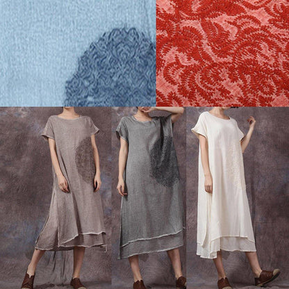 Embroidery Linen Cotton Clothes for Outfits Gray Side Open Dresses Summer