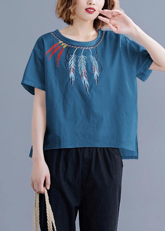 Embroidery Linen Crane Tops Neckline White Shirts Summer