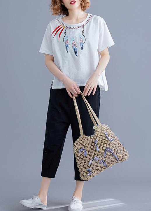 Embroidery Linen Crane Tops Neckline White Shirts Summer