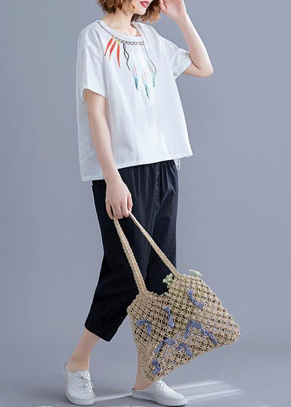 Embroidery Linen Crane Tops Neckline White Shirts Summer