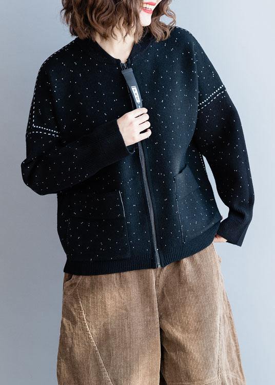 Fall Black Knitted Blouse Zippered Clothes for
