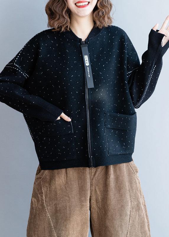 Fall Black Knitted Blouse Zippered Clothes for