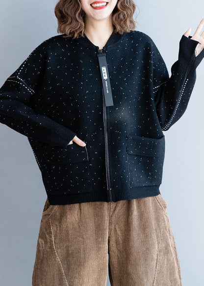 Fall Black Knitted Blouse Zippered Clothes for