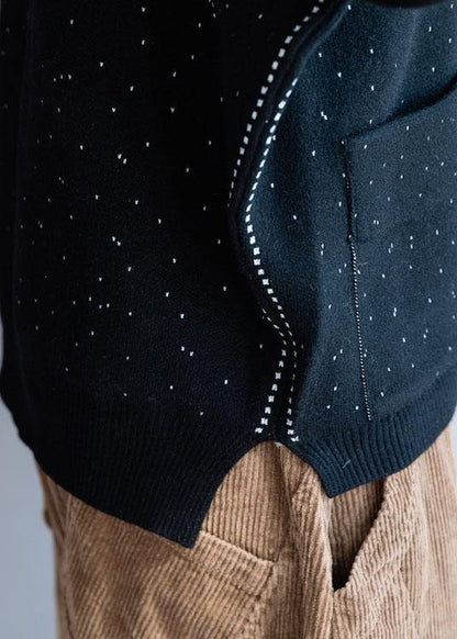 Fall Black Knitted Blouse Zippered Clothes for