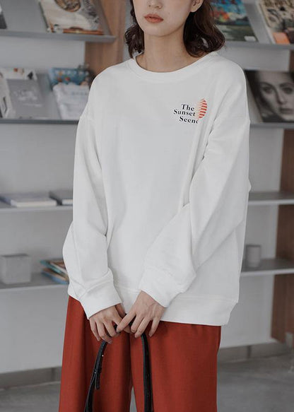 Women fall cotton o neck Long Shirts Fabrics white top
