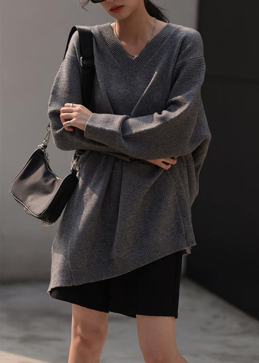 Fall Dark Gray Sweaters Oversized V Neck Blouse