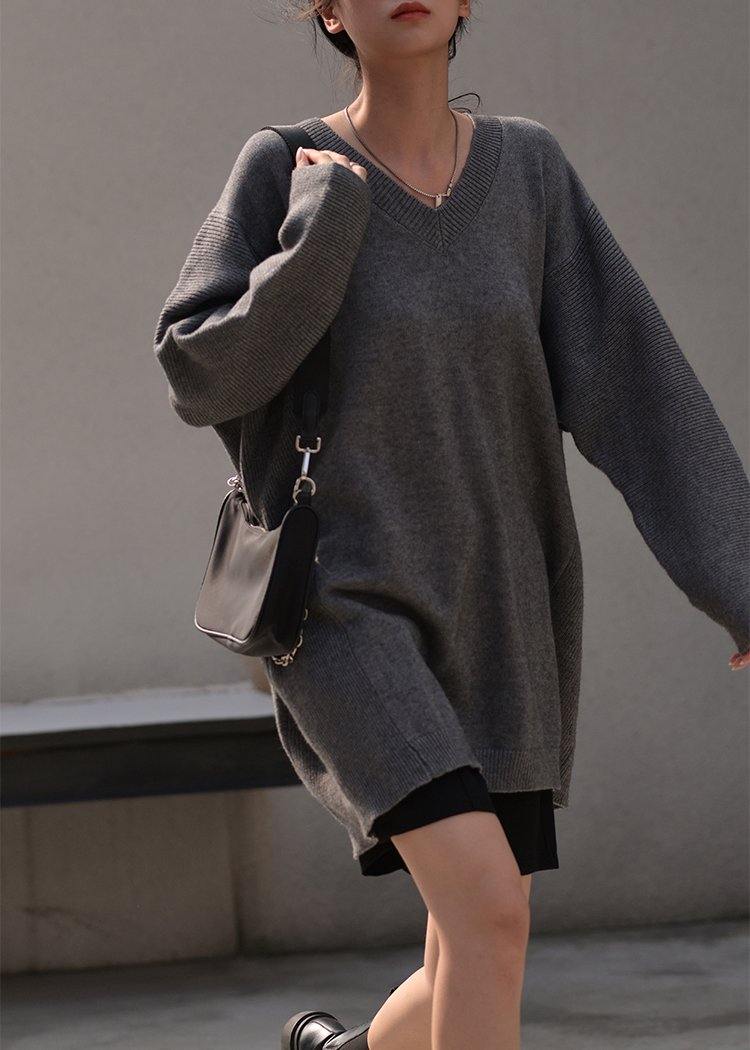 Fall Dark Gray Sweaters Oversized V Neck Blouse
