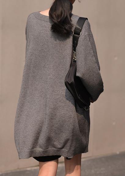 Fall Dark Gray Sweaters Oversized V Neck Blouse