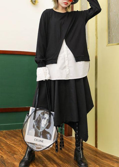 Women false two pieces cotton top silhouette Work Outfits black blouses fall