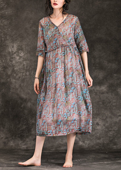 Linen Dresses Shirts V Neck Three Quarter Sleeve Maxi Summer Dress
