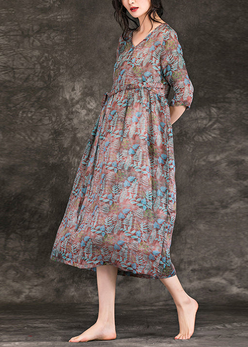 Linen Dresses Shirts V Neck Three Quarter Sleeve Maxi Summer Dress