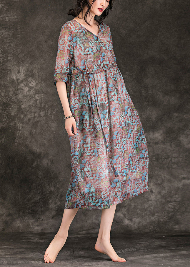 Linen Dresses Shirts V Neck Three Quarter Sleeve Maxi Summer Dress