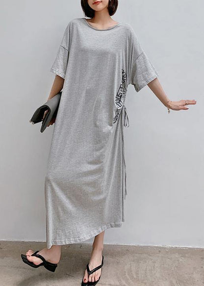 Gray Letter Outfit O Neck Drawstring Robe Dress