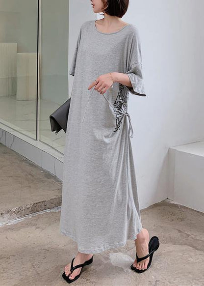 Gray Letter Outfit O Neck Drawstring Robe Dress