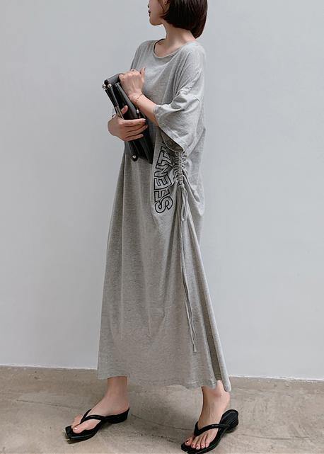 Gray Letter Outfit O Neck Drawstring Robe Dress