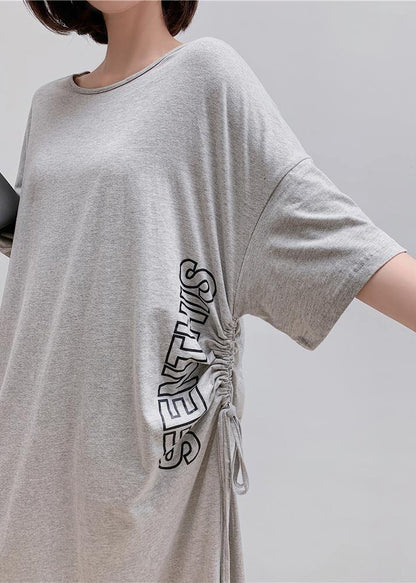 Gray Letter Outfit O Neck Drawstring Robe Dress