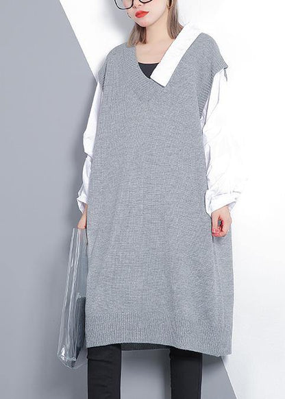 Gray Sweater Dress Outfit Design Funny V Neck Knitted Tops