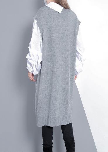 Gray Sweater Dress Outfit Design Funny V Neck Knitted Tops