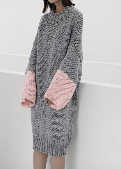 Gray Sweater Knit Top Pattern Upcycle O Neck Batwing Sleeve Knit Dress