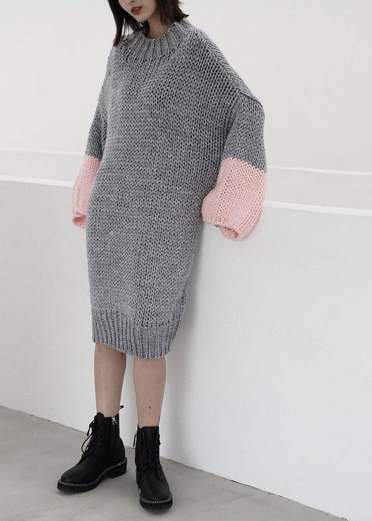 Gray Sweater Knit Top Pattern Upcycle O Neck Batwing Sleeve Knit Dress