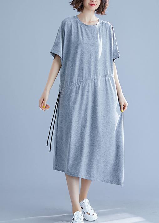 Gray Asymmetric Hem Cotton Box Dress Gifts Drawstring Waist Summer Dresses