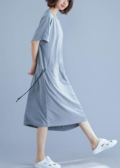 Gray Asymmetric Hem Cotton Box Dress Gifts Drawstring Waist Summer Dresses