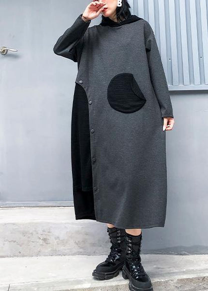 Gray Cotton Quilting Clothes Hooded Patchwork Loose Fall Dress
