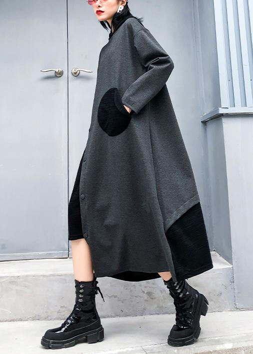 Gray Cotton Quilting Clothes Hooded Patchwork Loose Fall Dress