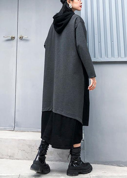 Gray Cotton Quilting Clothes Hooded Patchwork Loose Fall Dress