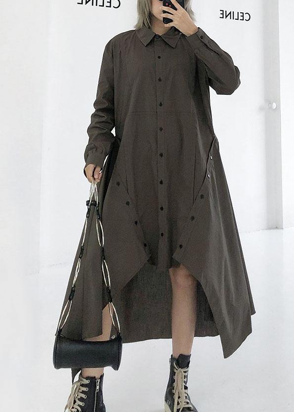 Gray Green Cotton 0lapel Collar Baggy Asymmetric Dresses