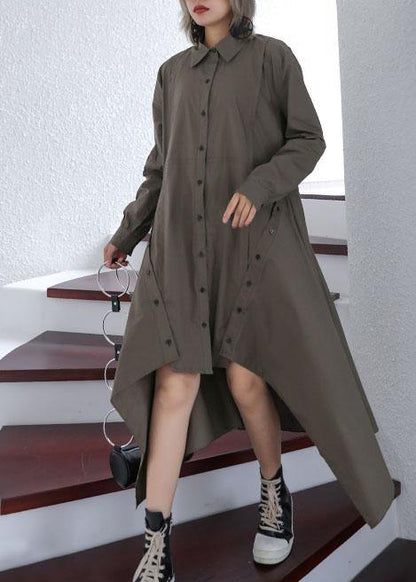 Gray Green Cotton 0lapel Collar Baggy Asymmetric Dresses