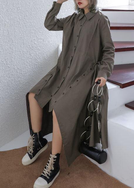 Gray Green Cotton 0lapel Collar Baggy Asymmetric Dresses