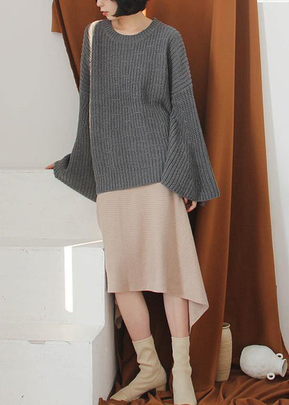 Gray Knitted Top O Neck Flare Sleeve Clothing Knit Sweat Tops