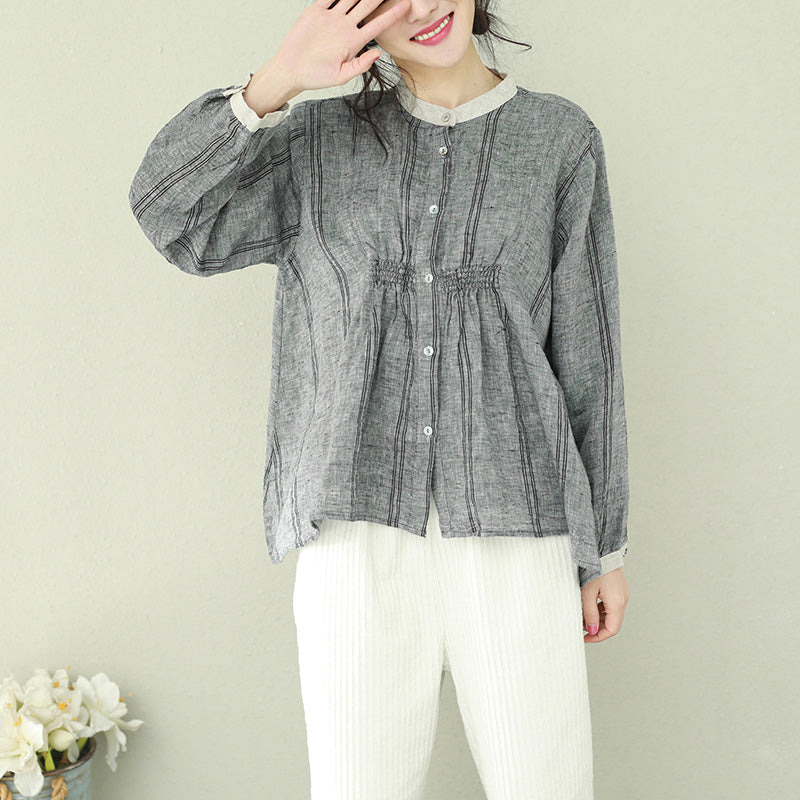 Gray Linen Clothes for Omychic Wardrobes Stand Collar Tunic Blouses