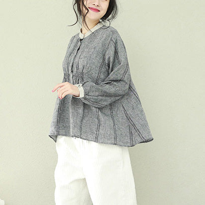 Gray Linen Clothes for Omychic Wardrobes Stand Collar Tunic Blouses