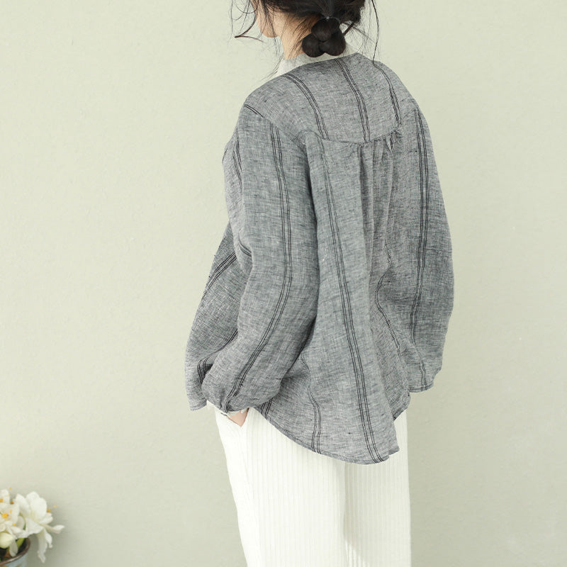 Gray Linen Clothes for Omychic Wardrobes Stand Collar Tunic Blouses