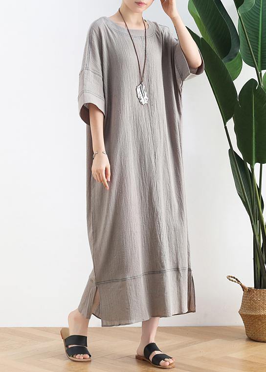 Gray Linen Clothes O Neck Baggy Dresses Summer Dresses