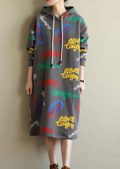 Gray Prints Cotton Tunic Warm Robe Hooded Dress