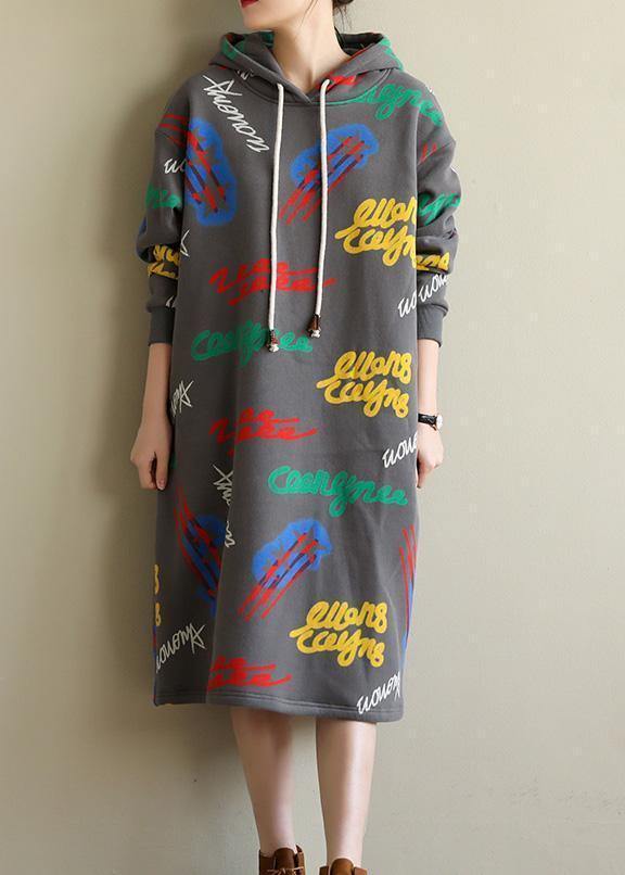 Gray Prints Cotton Tunic Warm Robe Hooded Dress