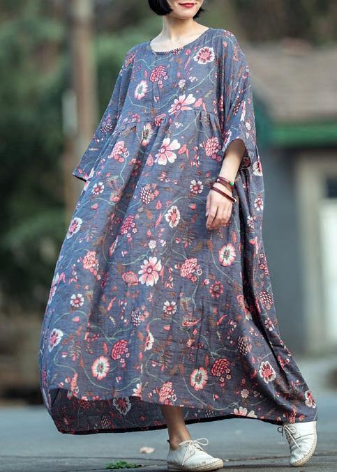 Gray Purple Print Cotton Linen Quilting Clothes O Neck Large Hem Long Spring Dress