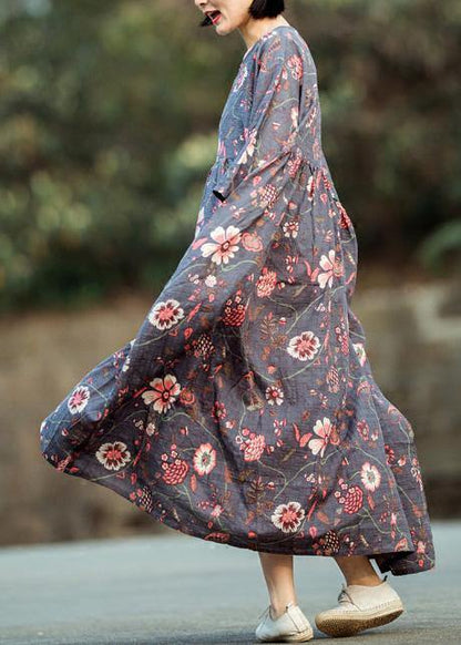 Gray Purple Print Cotton Linen Quilting Clothes O Neck Large Hem Long Spring Dress