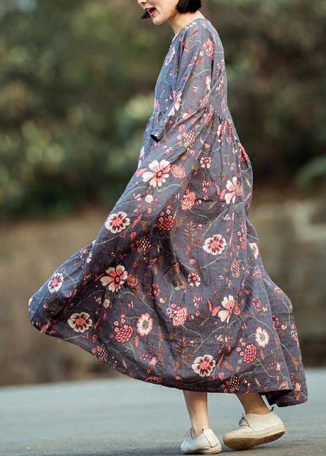 Gray Purple Print Cotton Linen Quilting Clothes O Neck Large Hem Long Spring Dress