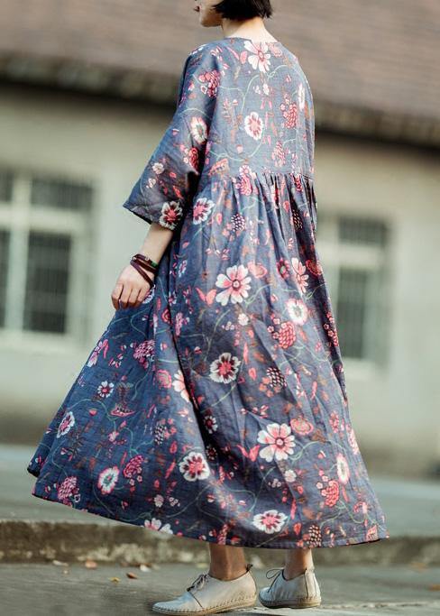 Gray Purple Print Cotton Linen Quilting Clothes O Neck Large Hem Long Spring Dress