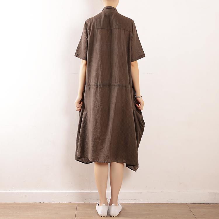 Gray Striped Cotton Soft Surroundings Stand Collar Pockets Clothing V Neck Dress