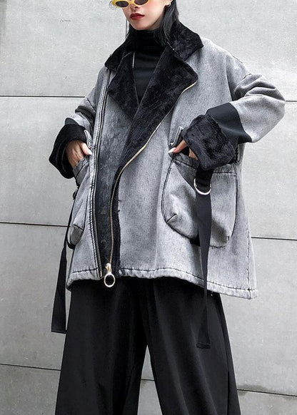 Gray Thick Fine Clothes for Sleeve Zippered Big Pockets Jackets